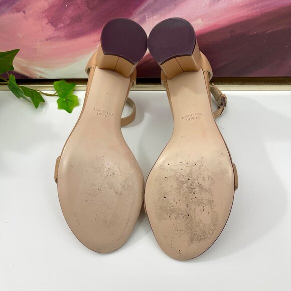 Stuart Weitzman 75 LessNudist Leather Ankle Strap Block Heel Sandals in Beige‎ 6 - Picture 12 of 13